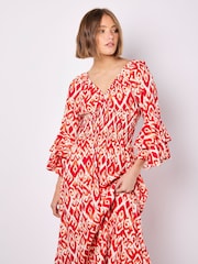 Apricot Red Ikat Swirls Bell Sleeve Maxi Dress - Image 3 of 5