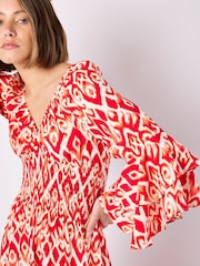 Apricot Red Ikat Swirls Bell Sleeve Maxi Dress - Image 4 of 5