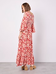 Apricot Red Ikat Swirls Bell Sleeve Maxi Dress - Image 5 of 5
