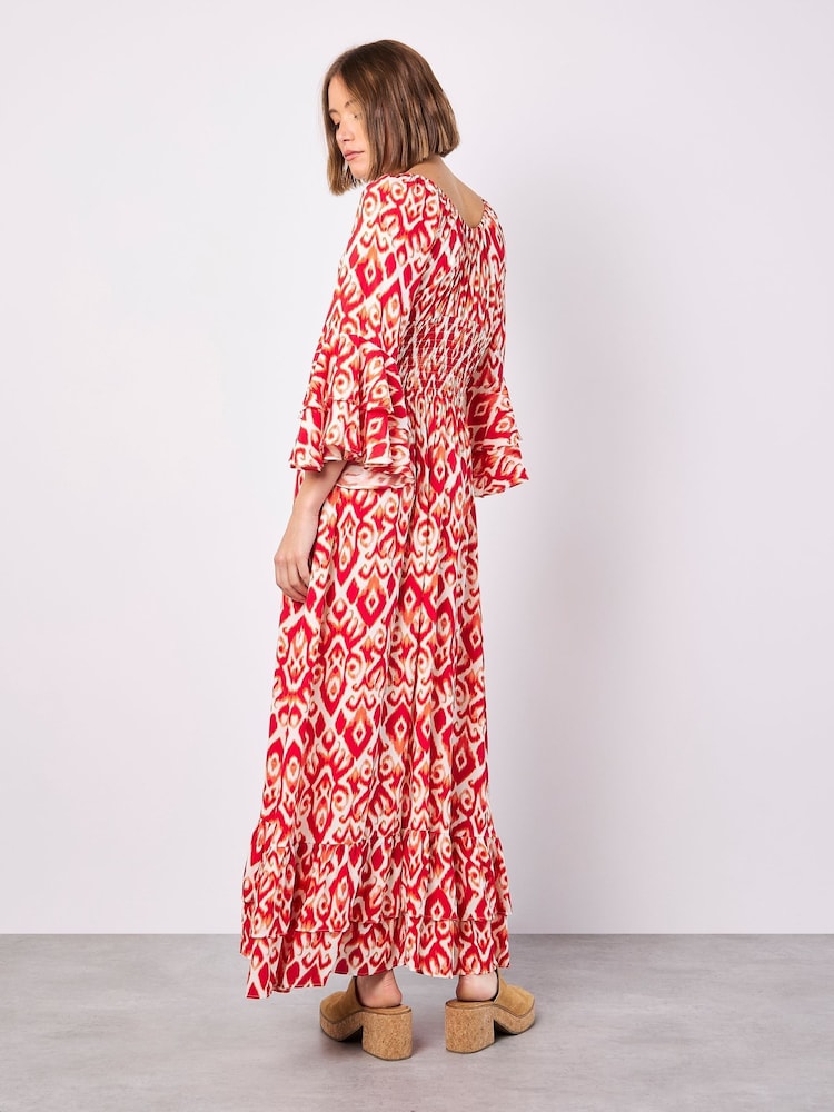Apricot Red Ikat Swirls Bell Sleeve Maxi Dress - Image 5 of 5