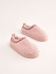 Lipsy Pink Standard Fit (F) Leopard Print Trim Borg Fluffy Slip On Mule Slippers - Image 1 of 4