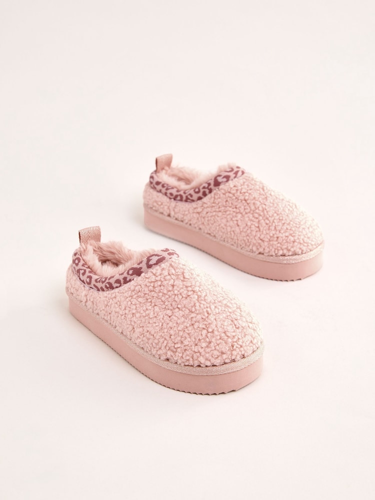 Lipsy Pink Standard Fit (F) Leopard Print Trim Borg Fluffy Slip On Mule Slippers - Image 1 of 4 Lipsy Pink Standard Fit (F) Leopard Print Trim Borg Fluffy Slip On Mule Slippers - Image 1 of 4