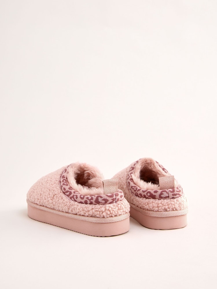Lipsy Pink Standard Fit (F) Leopard Print Trim Borg Fluffy Slip On Mule Slippers - Image 2 of 4