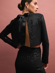 Black Mesh Sequin Bow Back Top - Image 2 of 8