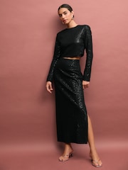 Black Mesh Sequin Bow Back Top - Image 3 of 8