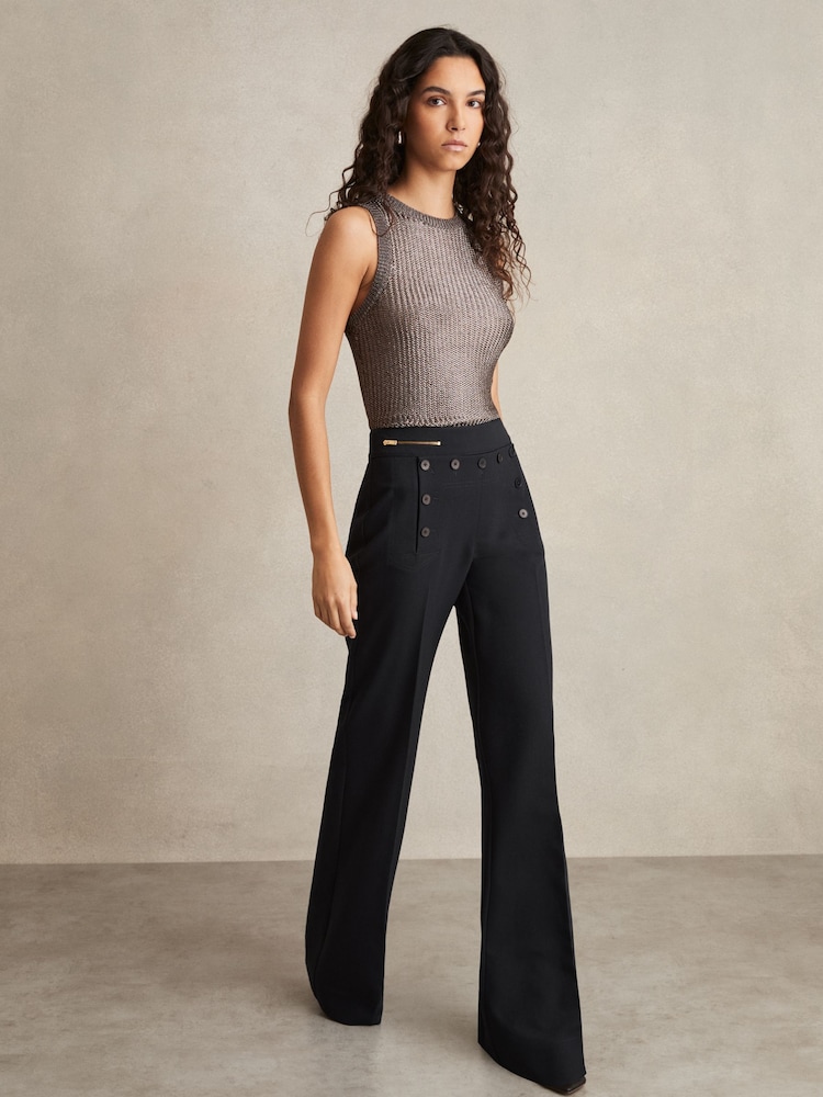Reiss Navy Sidney Petite Button-Detail Wide-Leg Trousers - Image 1 of 7