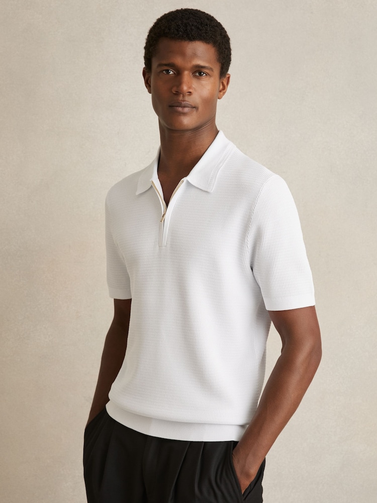 Reiss White Regis Textured Half Zip Polo Shirt - Image 1 of 5