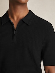 Reiss Black Regis Textured Half-Zip Polo Shirt - Image 1 of 5