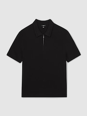 Reiss Black Regis Textured Half-Zip Polo Shirt - Image 2 of 5
