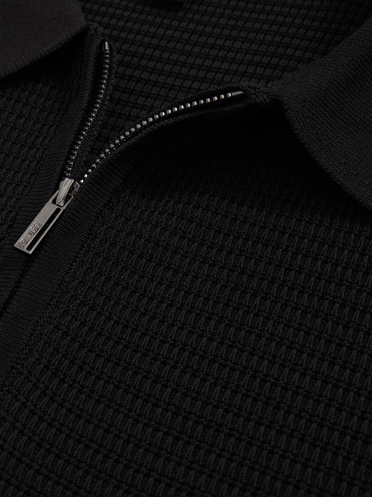 Reiss Black Regis Textured Half-Zip Polo Shirt - Image 5 of 5