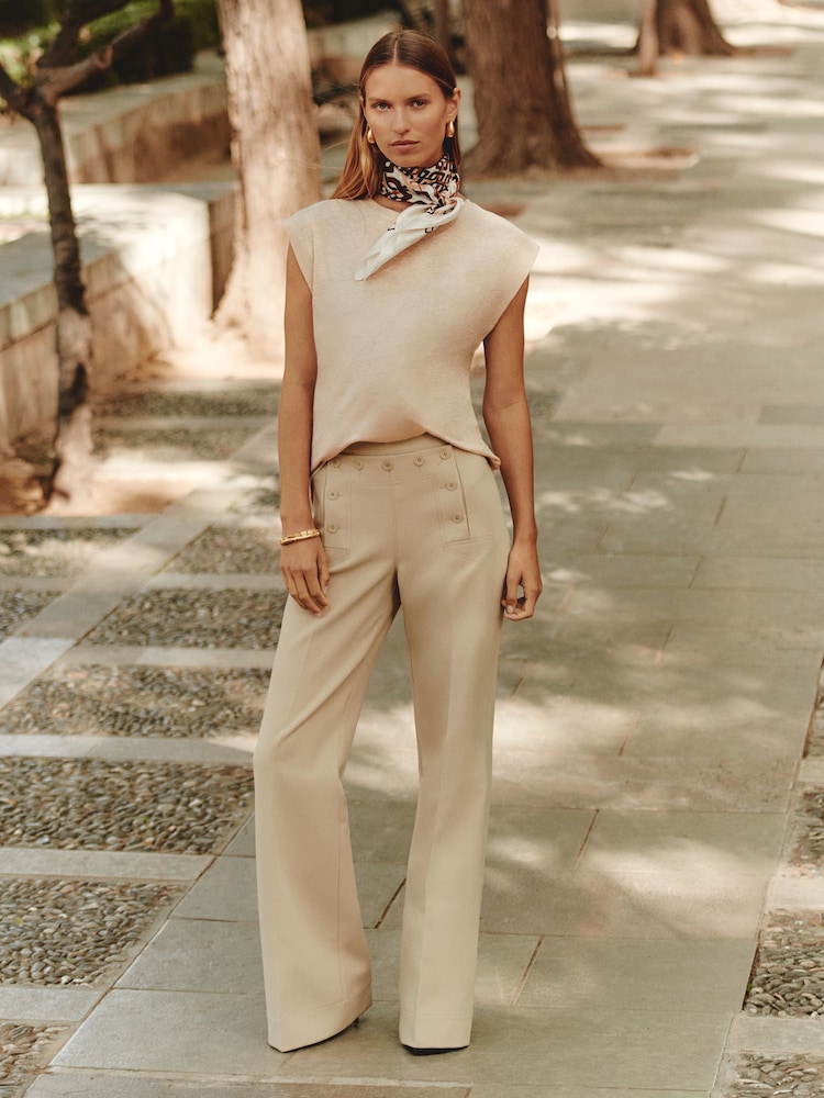 Reiss Neutral Sidney Button-Detail Wide-Leg Trousers - Image 1 of 7
