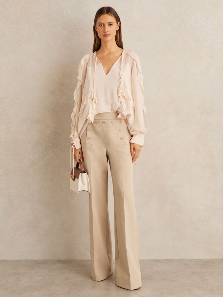 Reiss Neutral Sidney Petite Button-Detail Wide-Leg Trousers - Image 1 of 7
