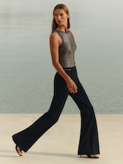 Reiss Navy Sidney Button-Detail Wide-Leg Trousers - Image 1 of 6