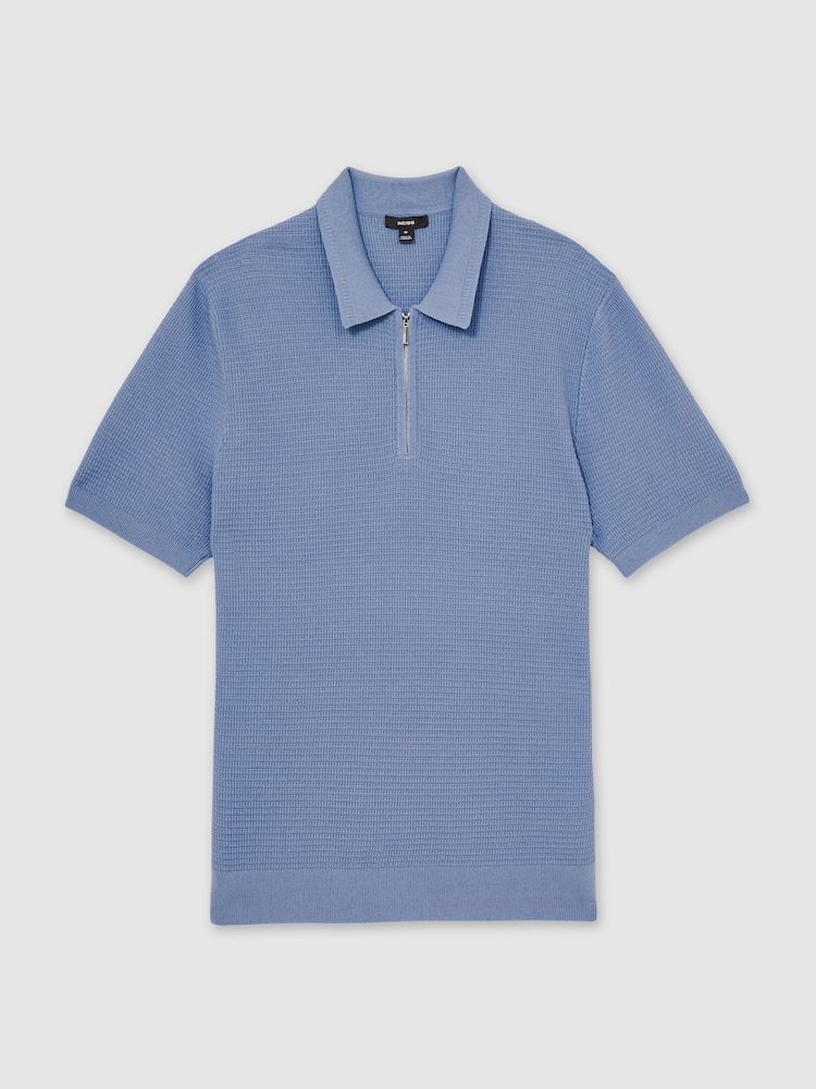 Reiss Blue Regis Textured Half Zip Polo Shirt - Image 2 of 5