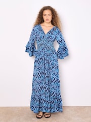Apricot Blue Ikat Swirls Bell Sleeve Maxi Dress - Image 1 of 4