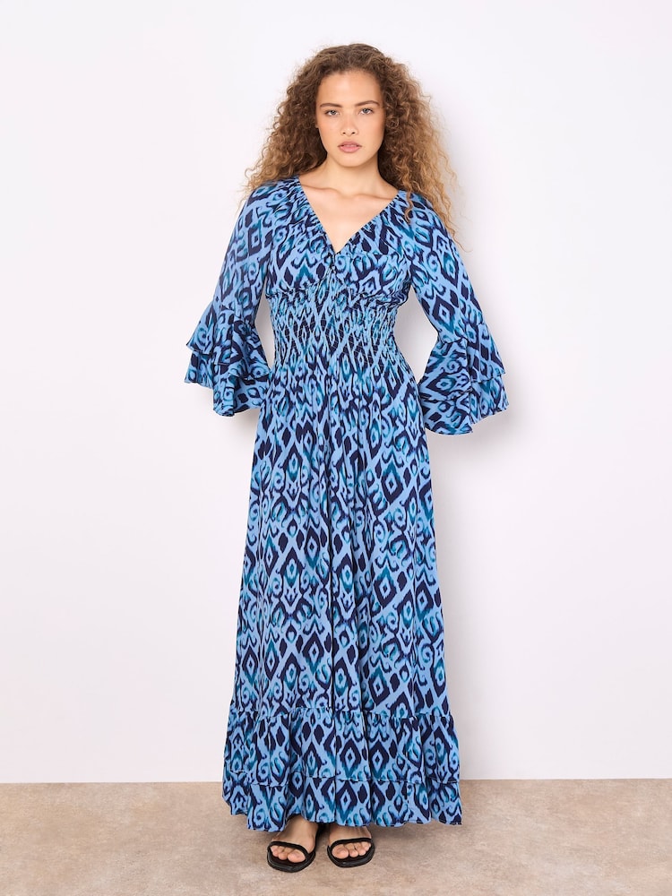 Apricot Blue Ikat Swirls Bell Sleeve Maxi Dress - Image 1 of 4