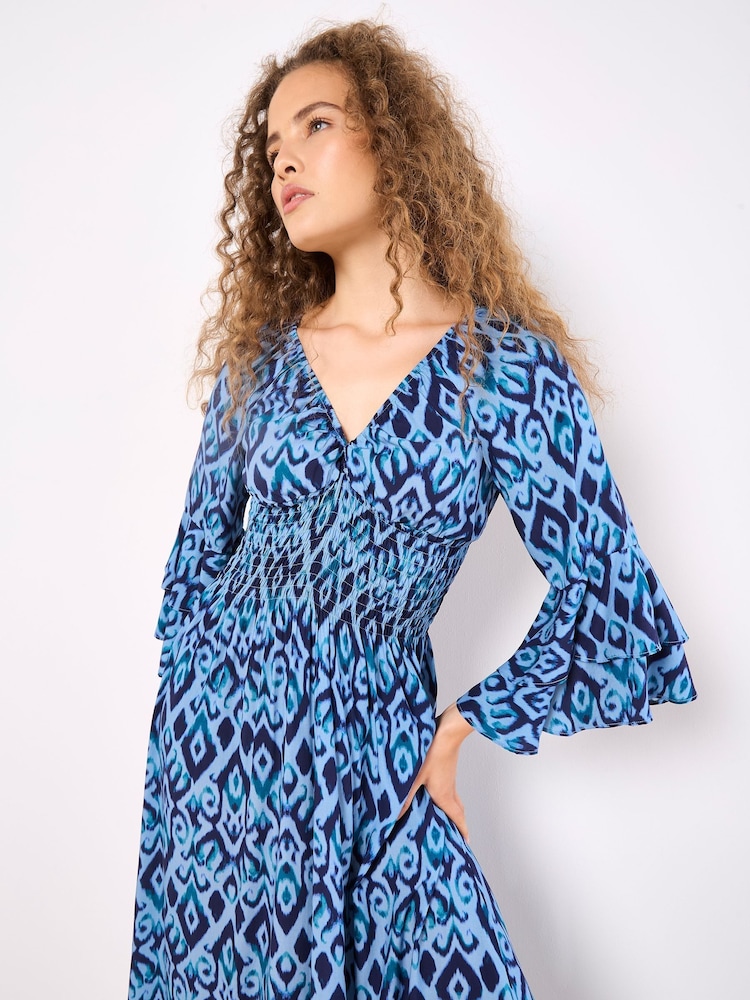 Apricot Blue Ikat Swirls Bell Sleeve Maxi Dress - Image 2 of 4