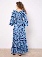 Apricot Blue Ikat Swirls Bell Sleeve Maxi Dress - Image 4 of 4