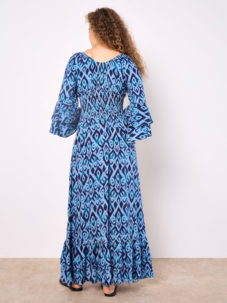 Apricot Blue Ikat Swirls Bell Sleeve Maxi Dress - Image 4 of 4