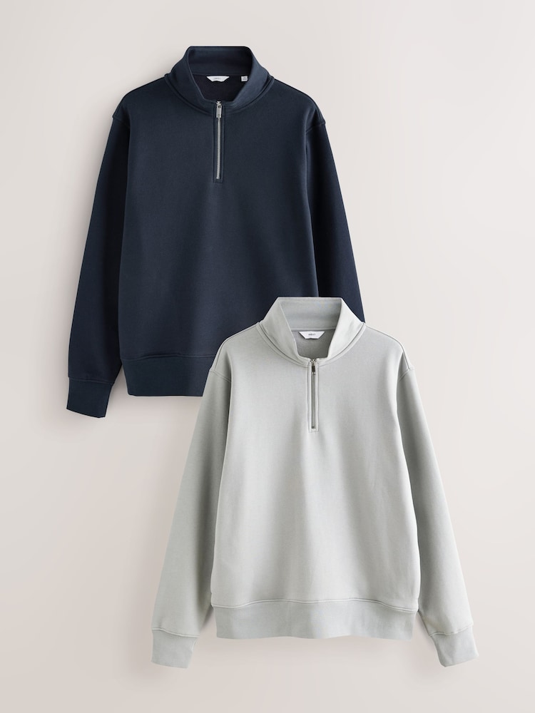 Navy Blue/Green Jersey Cotton Rich Quarter Zip Sweatshirts 2 Pack - Image 1 of 10