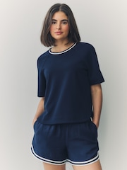 Navy Contrast Neck Trim Crepe Boxy T-Shirt - Image 1 of 7