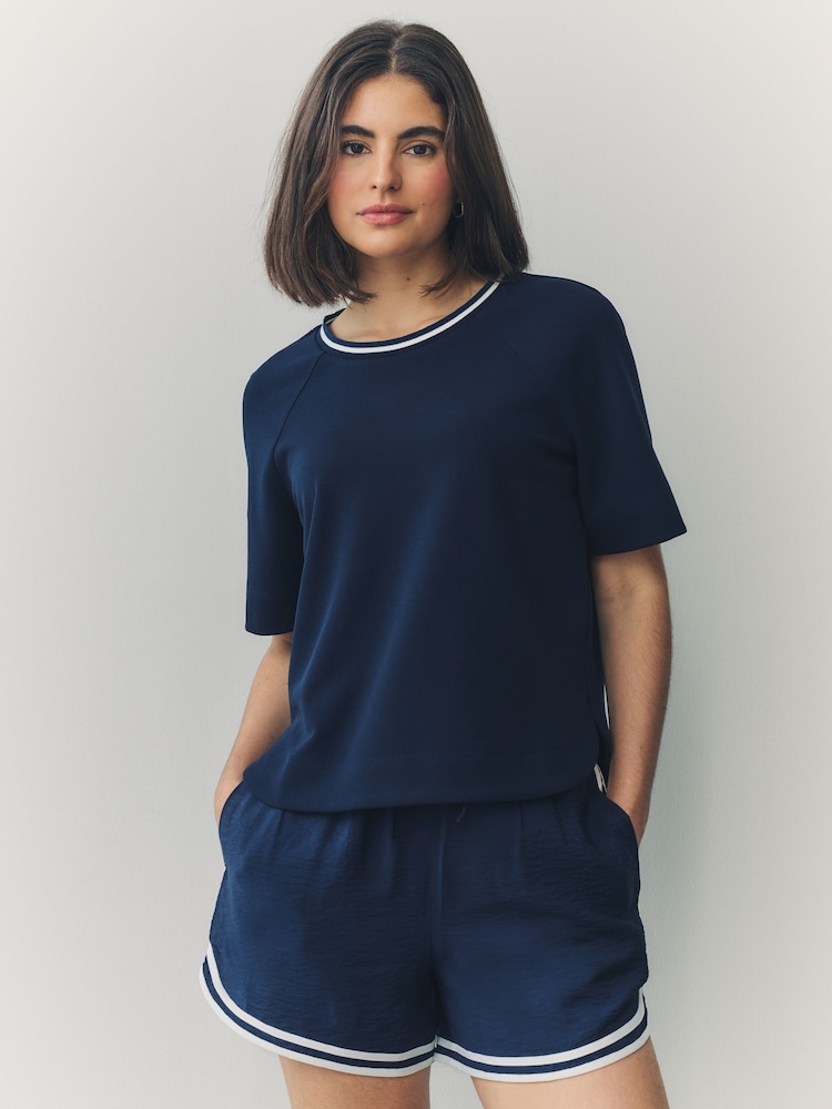 Navy Contrast Neck Trim Crepe Boxy T-Shirt - Image 1 of 7