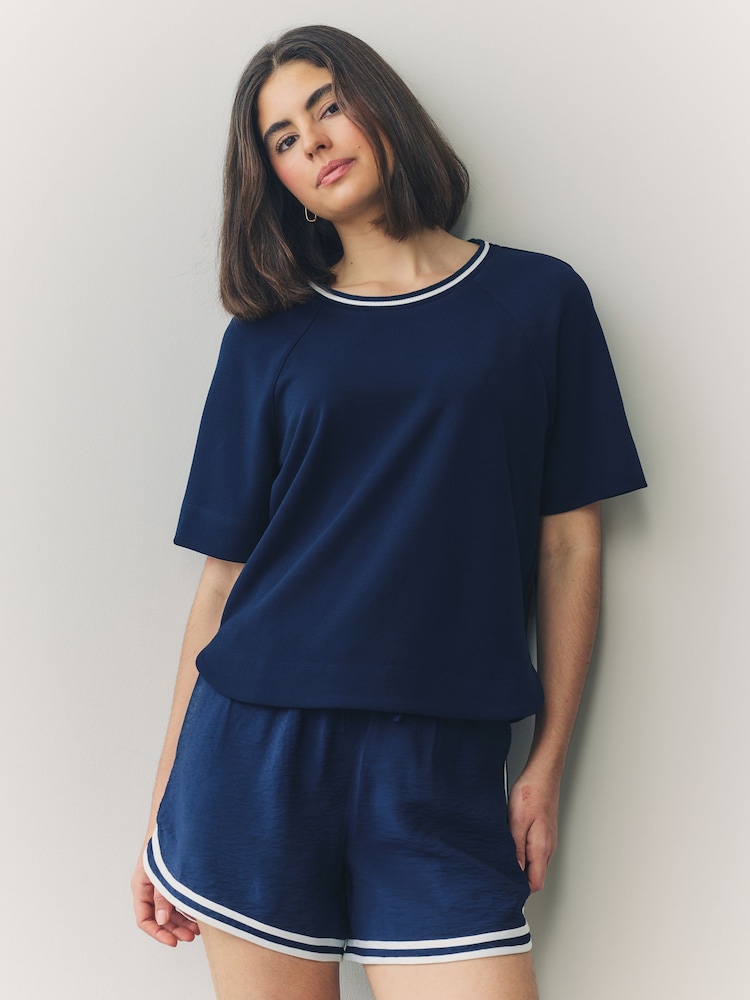 Navy Contrast Neck Trim Crepe Boxy T-Shirt - Image 2 of 7