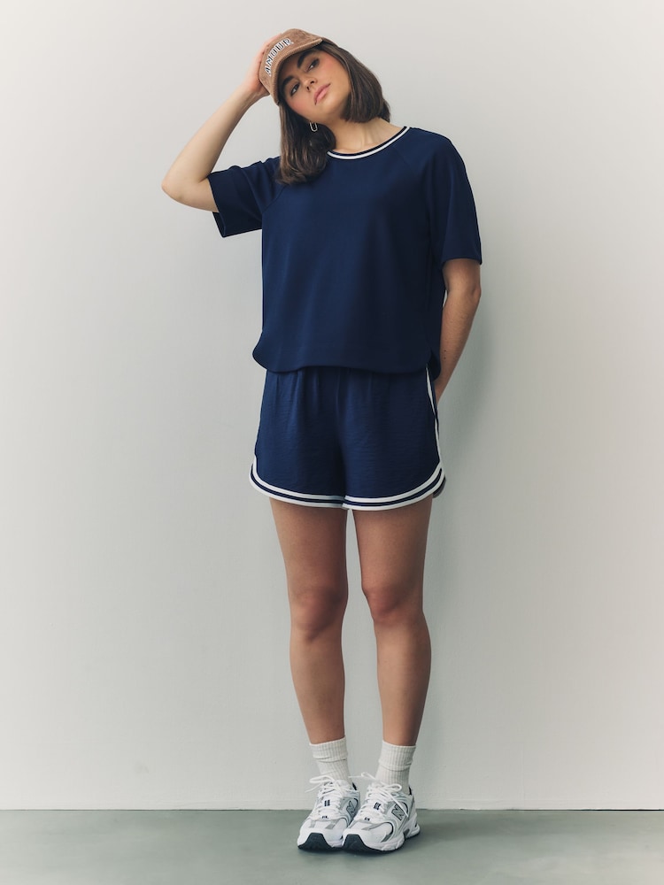 Navy Contrast Neck Trim Crepe Boxy T-Shirt - Image 3 of 7