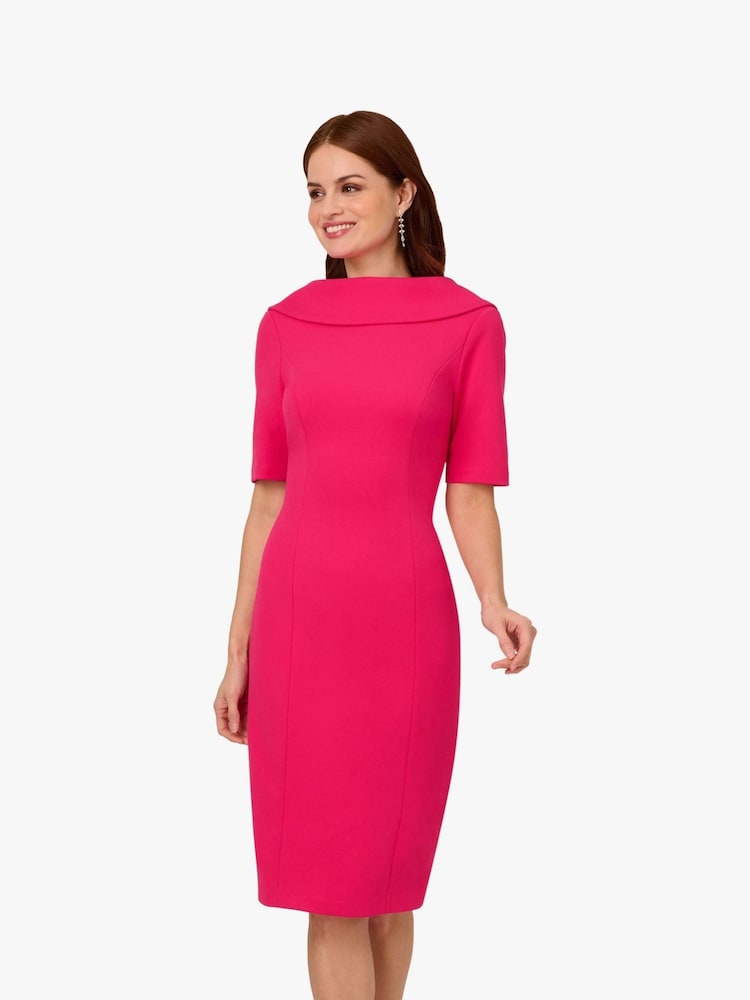 Adrianna Papell Pink Roll Neck Sheath With V Back Dress - Image 1 of 6 Adrianna Papell Pink Roll Neck Sheath With V Back Dress - Image 1 of 6