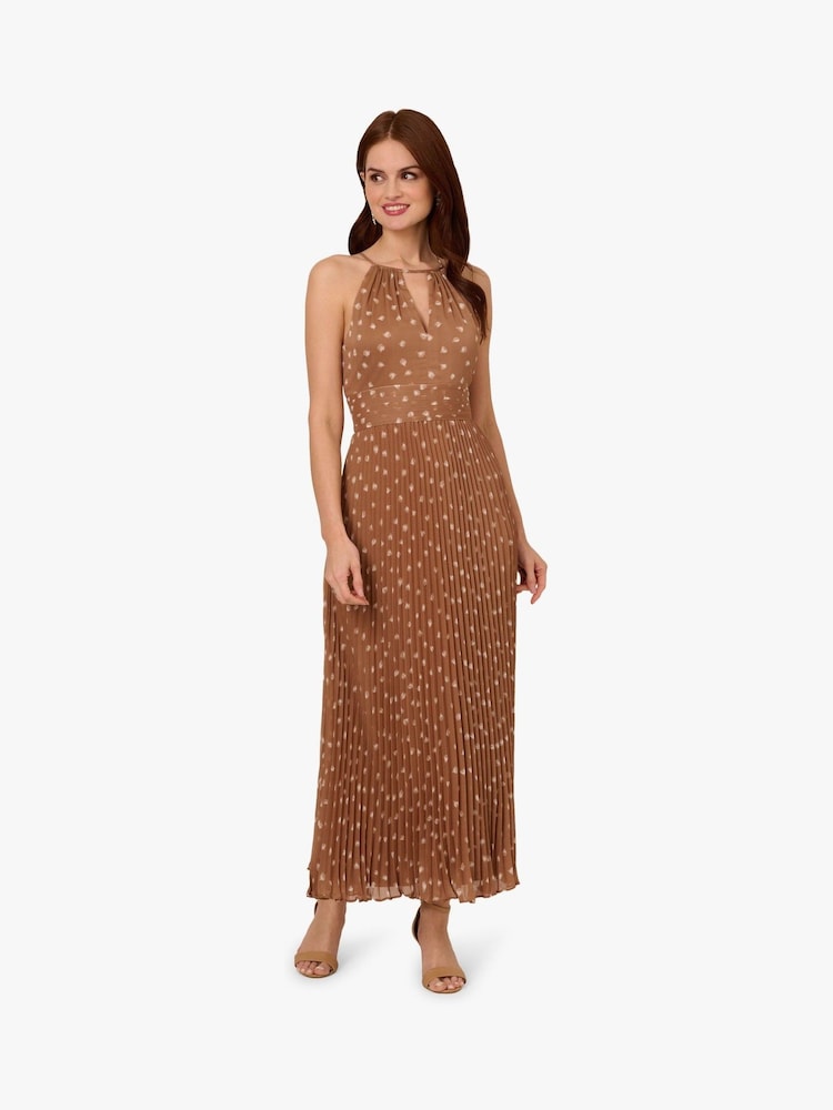 Adrianna Papell Print Pleat Ankle Brown Dress - Image 1 of 6