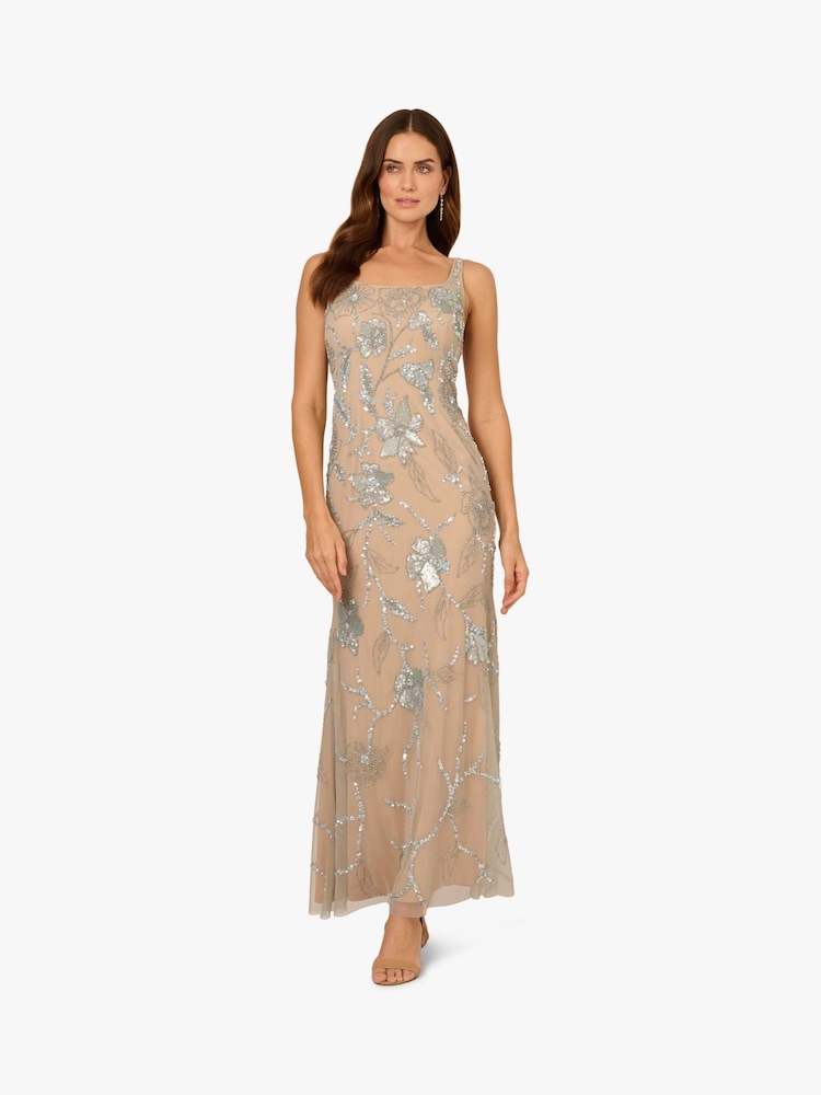 Adrianna Papell perlenbesetztes langes Kleid mit Meerjungfrau, Beige - Bild 1 von 6