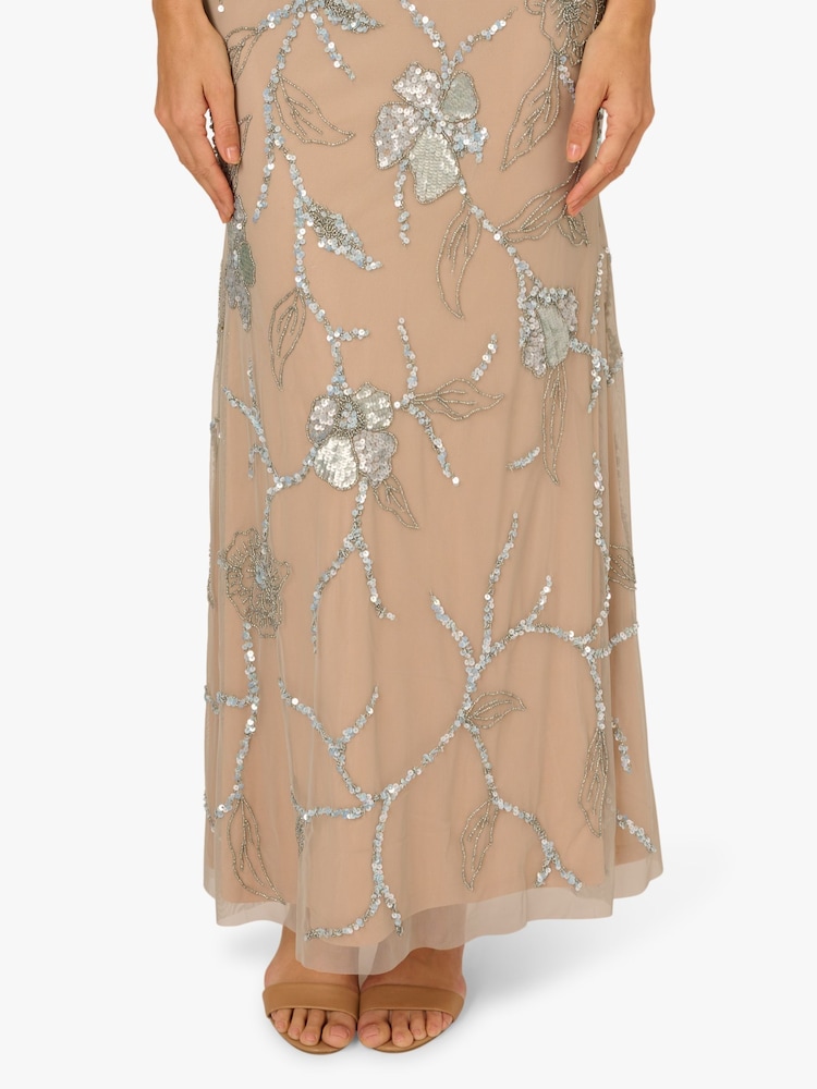 Adrianna Papell perlenbesetztes langes Kleid mit Meerjungfrau, Beige - Bild 2 von 6