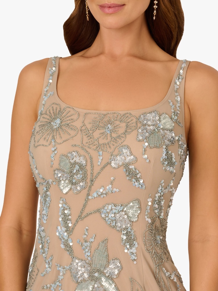 Adrianna Papell Beaded Mermaid Long Nude Dress - Image 3 of 6