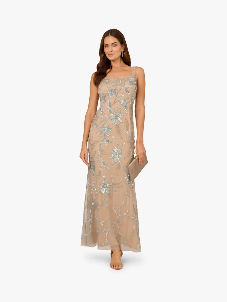 Adrianna Papell Beaded Mermaid Long Nude Dress - Image 4 of 6