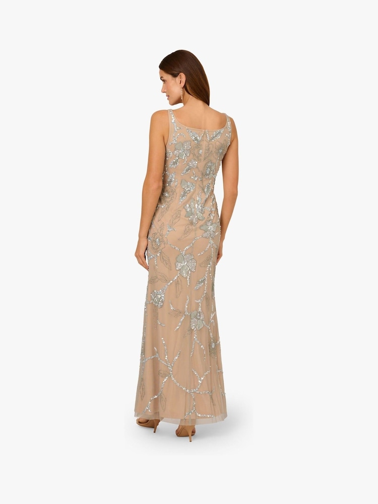 Adrianna Papell Beaded Mermaid Long Nude Dress - Image 5 of 6