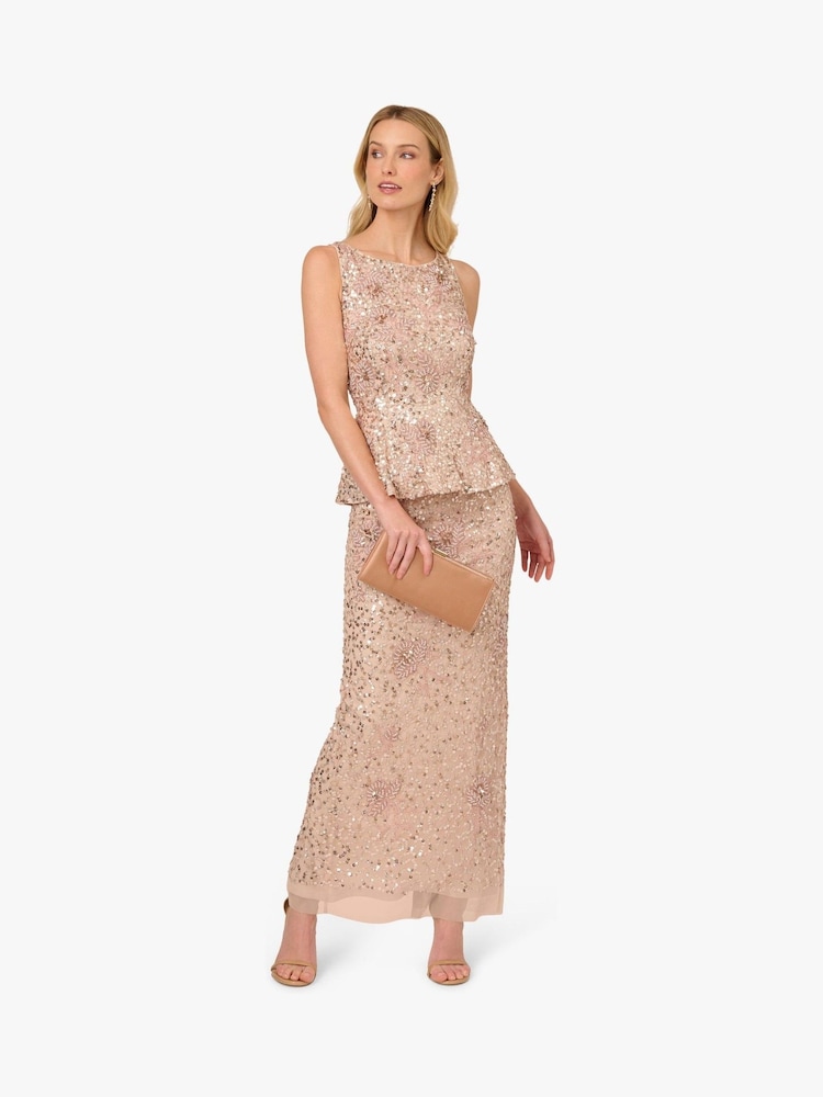 Adrianna Papell Pink Beaded Peplum Long Dress - Image 4 of 6