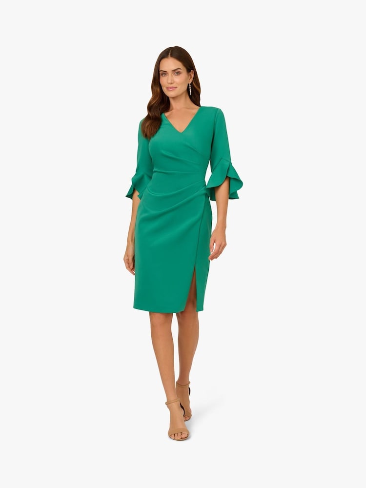 Adrianna Papell Green Scuba Faux Fur Wrap Midi Dress - Image 1 of 6
