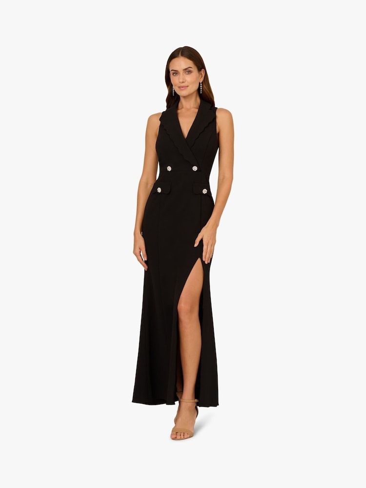 Adrianna Papell Scallop Tuxedo Black Gown - Image 1 of 6
