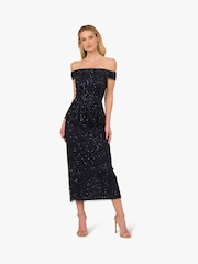 Adrianna Papell Blue Bead Mesh Peplum Dress - Image 1 of 6