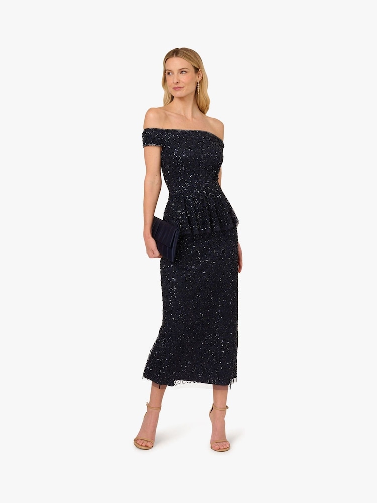 Adrianna Papell Blue Bead Mesh Peplum Dress - Image 4 of 6
