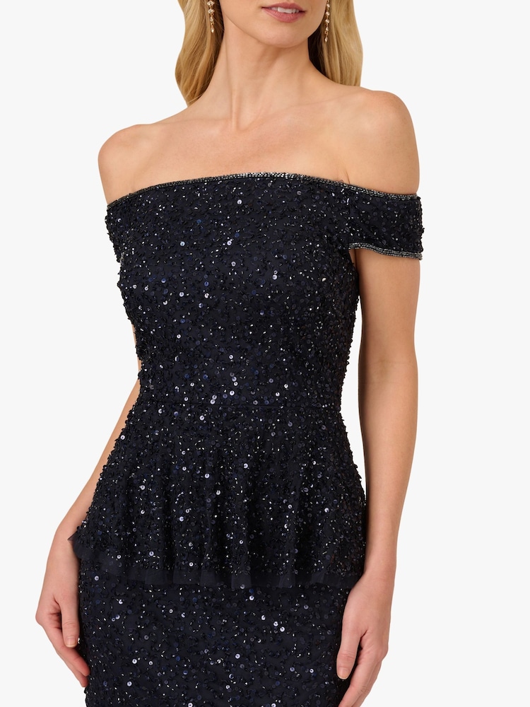 Adrianna Papell Blue Bead Mesh Peplum Dress - Image 5 of 6