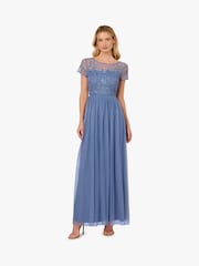 Adrianna Papell Blue Studio Beaded Mesh Shirred Dress - Image 1 of 6