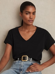 Reiss Black Luna Brushed-Cotton V-Neck T-Shirt - Image 1 of 6