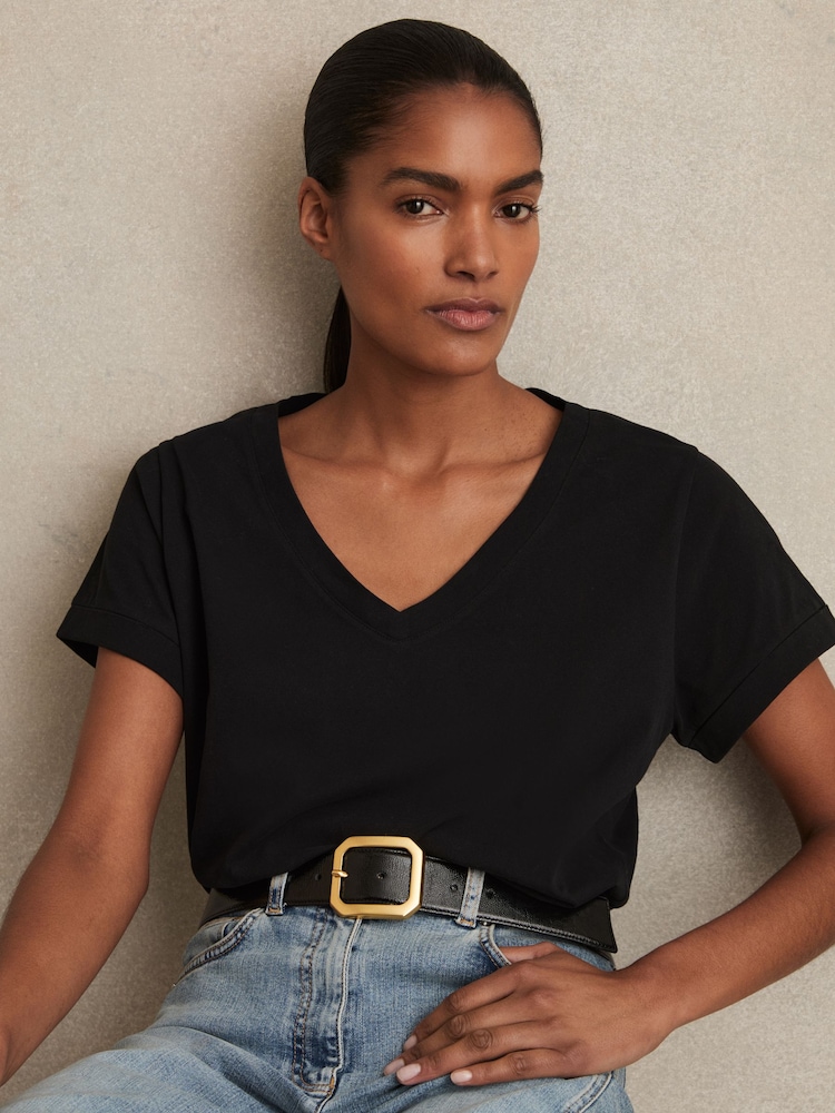 Reiss Black Luna Brushed-Cotton V-Neck T-Shirt - Image 1 of 6