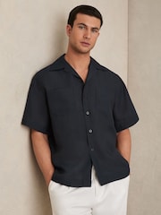 Reiss Navy Wrexham Organza Twin-Pocket Oversize Shirt - Image 1 of 6