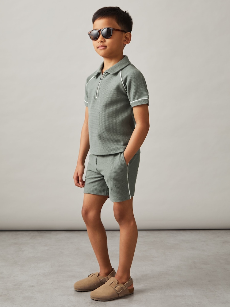 Reiss Sage Green Pinta 13-14 yrs Cotton Textured Piped Shorts - Image 2 of 4