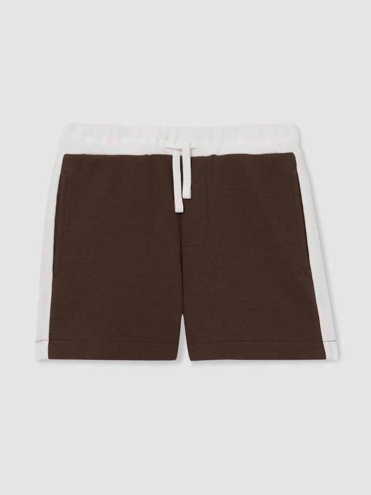 Reiss Chocolate Brown / Off White Cane 13-14 yrs Cotton Waffle-Knit Badge Shorts - Image 1 of 4