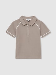 Reiss Mink Brown Lolland Cotton Textured Half Zip Polo Shirt - Image 1 of 4