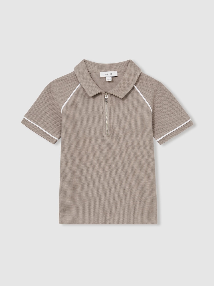 Reiss Mink Brown Lolland Cotton Textured Half Zip Polo Shirt - Image 1 of 4
