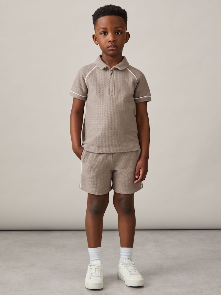 Reiss Mink Brown Lolland Cotton Textured Half Zip Polo Shirt - Image 2 of 4